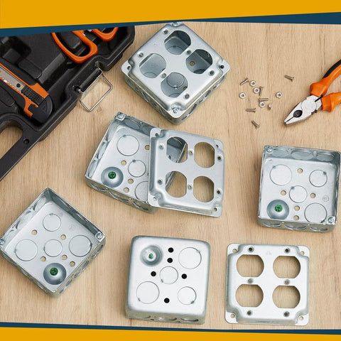 Four Pack 4 By 4 Inch Electrical Junction Boxes With Covers, Metal Outlet Box Set, 21 Cu In Capacity Receptacle Exposed Work, 1-1/2 Inch Deep, Double Duplex Configuration For DIY Reno Projects displayed on a wooden surface with tools.