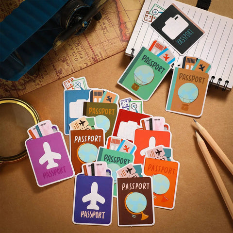 60 Pieces Travel Map Passport Cutouts With Glue Point Stickers World Travel Bulletin Board Decorations For Classroom School Office Home Nursery And Party Decor Passport Mini Accents displayed on a table