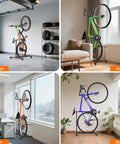Freestanding Vertical Bike Stand For Indoor Storage, Space Saving Upright Bike Holder With Adjustable Height For Wheels Up To 29 Inches in various settings: garage, room, office, balcony.