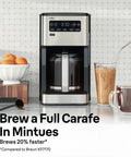 Front view of PureFlavor 14 Cup Programmable Coffee Maker With Lightning Fast Brew Touch Display Brew Over Ice Mode Flavor Carafe BrewChoice Plus And Adjustable Warm Plate, surrounded by drinks on a kitchen counter.