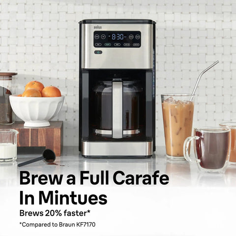 Front view of PureFlavor 14 Cup Programmable Coffee Maker With Lightning Fast Brew Touch Display Brew Over Ice Mode Flavor Carafe BrewChoice Plus And Adjustable Warm Plate, surrounded by drinks on a kitchen counter.