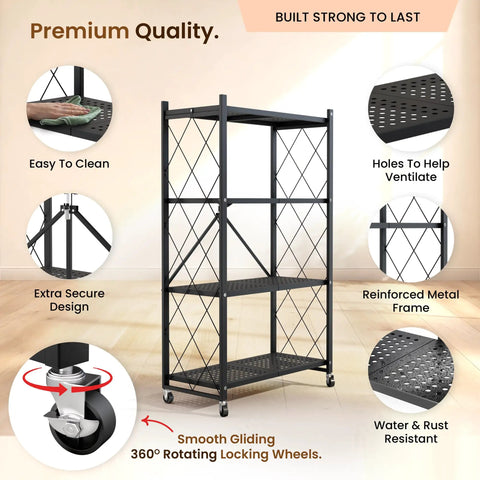 4 Tier Foldable Storage Shelf On Wheels Easy Grab And Go Rolling Cart with ventilated metal shelves and locking wheels.