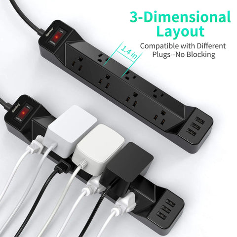 16.5 Foot Long Power Strip With Flat Plug Seven Wide Spaced Outlets And Three USB Ports Surge Protector with cords plugged in