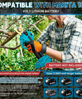 Hella Durable Brushless Pole Pruner With 8Ft Extension showing user cutting branch with tough blades and compatible Makita battery.