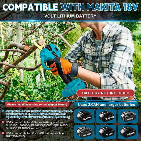 Hella Durable Brushless Pole Pruner With 8Ft Extension showing user cutting branch with tough blades and compatible Makita battery.