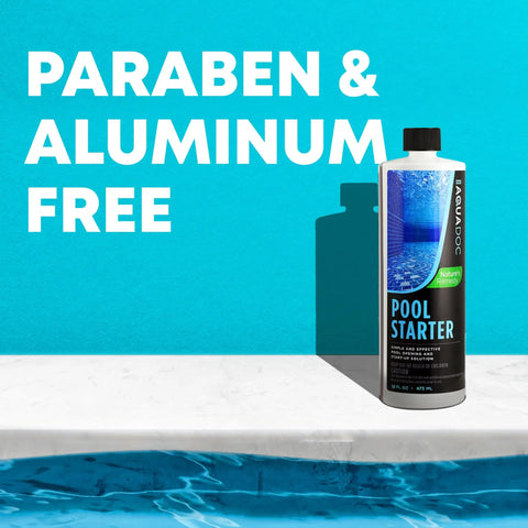 Easy Breezy Pool Opening Kit With 16oz Enzyme Opener For Up To 15,000 Gallons bottle, labeled 'Pool Starter', against pool water