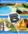 Three Pack Weatherproof Outdoor Electrical Junction Box For Cables And Holiday Lights Inner Space 5.5x3x2.2 Inches Two Cable Ports Rubber Gaskets Clamps Snap Latches Black Rugged Protective Housing shown with pool, garden, fountain and holiday light use