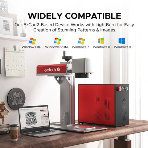 Top Shelf 30 Watt Mopa Fiber Laser Engraver With Red Dot Guide And LightBurn Compatibility on a desktop setup with a laptop.