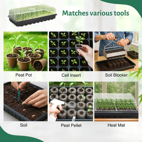Collage of Five Pack 1020 Seed Starter Trays With 3 Point 6 Inch Humidity Dome Germination Kit Mini Greenhouse uses and tools.