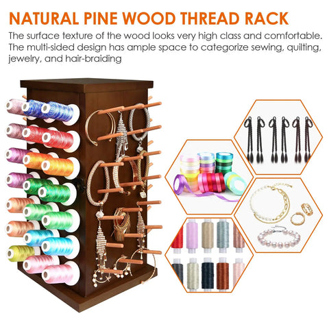 Pretty Slick Wooden 84 Spool Thread Rack With 360 Degree Rotation And Hidden Compartments For Sewing Embroidery Craft Threads Storage Organizer And Needles Bobbins, showcasing colorful threads and jewelry on a natural wooden rack.