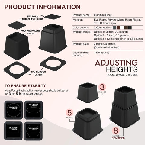 Stackable Bed Risers Set For Adjustable 3 Inch And 5 Inch Heights Up To 1,300 Lbs Capacity Total 8 Inch Lift Under Bed Storage Dorm Room Essential Heavy Duty Black 4 Pack product info