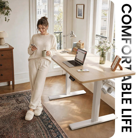 Woman enjoying coffee at a CubiCubi 55 x 28 electric standing desk in rich maple finish, perfect for home office comfort.
