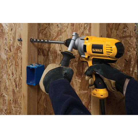 Corded Drill Powerhouse With 1/2-Inch Chuck, 10 Amp Motor, mid handle grip drilling through wood in a construction setting
