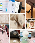 Collage showcasing various uses of 200 Sets 9.5mm Metal Snap Button Kit With Upgraded Easy Press Fastener Pliers Rust Proof Stainless Steel Snaps on fabrics, clothing, raincoats, and crafts.