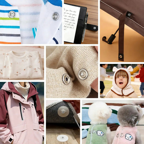 Collage showcasing various uses of 200 Sets 9.5mm Metal Snap Button Kit With Upgraded Easy Press Fastener Pliers Rust Proof Stainless Steel Snaps on fabrics, clothing, raincoats, and crafts.