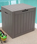 Lockable Outdoor Deck Box For Patio Storage Weather Resistant 32 Gallon Faux Plank Driftwood Finish by a pool