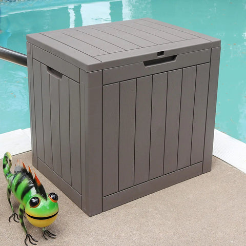 Lockable Outdoor Deck Box For Patio Storage Weather Resistant 32 Gallon Faux Plank Driftwood Finish by a pool