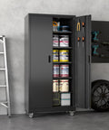 Beefy Heavy Duty Metal Storage Cabinet With Wheels And Pegboard, 71 Inch Tall Industrial Steel Cabinet, showing shelves and tools.
