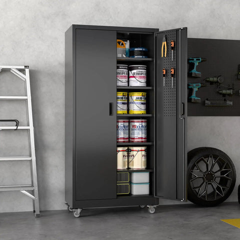 Beefy Heavy Duty Metal Storage Cabinet With Wheels And Pegboard, 71 Inch Tall Industrial Steel Cabinet, showing shelves and tools.