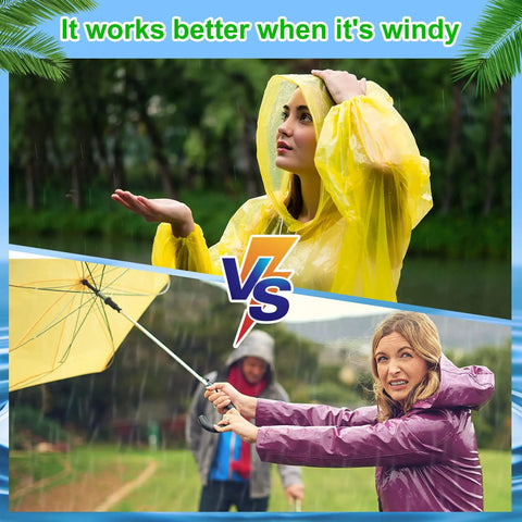 Comparison of 100 Pack Hooded Adult Rain Ponchos Disposable Plastic Gear Bulk Emergency Rain Coats vs umbrellas in wind