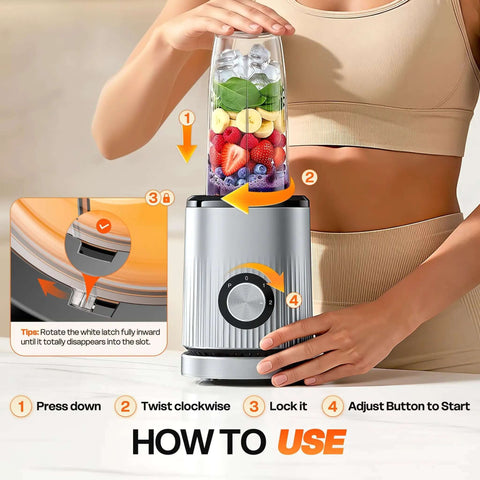Kickass Portable Smoothie Blender For Shakes And Protein Drinks With Two BPA Free To Go Cups in use blending fruits and ice.