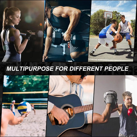 Collage of people engaging in diverse activities: weightlifting, basketball, volleyball, guitar playing, and boxing.