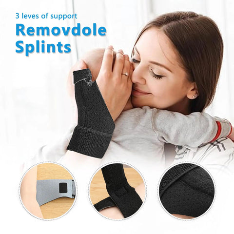 Mother hugging baby with Reversible Thumb And Wrist Stabilizer Splint Brace showing detailed fabric and support features.