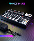 Image of a Six Channel Bluetooth Audio Mixer With 16 DSP Echo Effects And 7 Band EQ, showing size dimensions and charger.