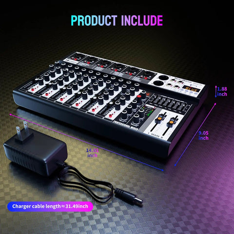 Image of a Six Channel Bluetooth Audio Mixer With 16 DSP Echo Effects And 7 Band EQ, showing size dimensions and charger.