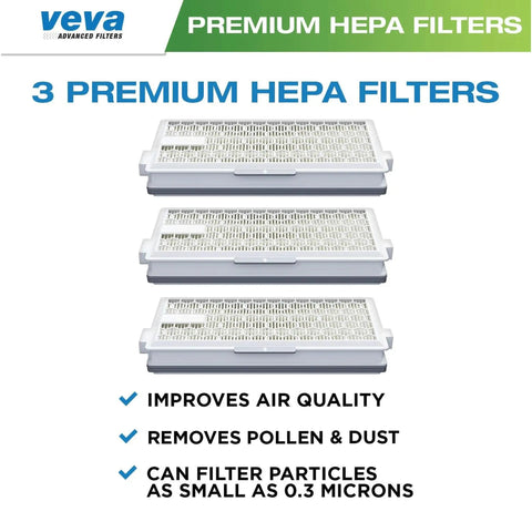 Three Pack Premium Vacuum HEPA Filter Set For Miele S Series And Compact Canister Models, showing three white rectangular filters.