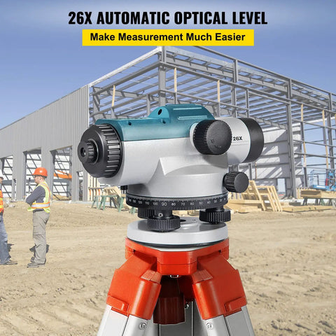 Super Precise 26X Automatic Transit Level Kit for Builders and Surveyors at a construction site with tripod and steel frame.