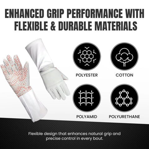 Pro Fencing Glove For Foil, Epee, And Saber with grip material details and focus on flexible, durable design.
