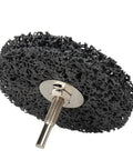 Durable 4 Inch Abrasive Strip Wheels With 6MM Shank For Drill Bit showing a heavy-duty black fiber pad for scraping surfaces.