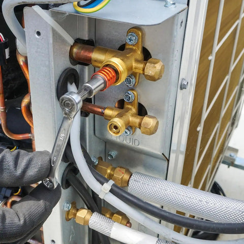Installation of 5 Pcs Flare Connector Set For Three Eighths Inch SAE 45 Degree Brass Pipe Fittings in HVAC system
