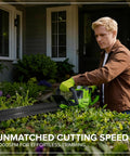 Person trimming hedge with 40V 26 Inch Brushless Hedge Trimmer Tool Only With Rotating Rear Handle for easy vertical cuts and crisp trims.