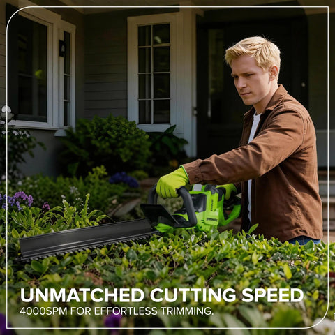 Person trimming hedge with 40V 26 Inch Brushless Hedge Trimmer Tool Only With Rotating Rear Handle for easy vertical cuts and crisp trims.