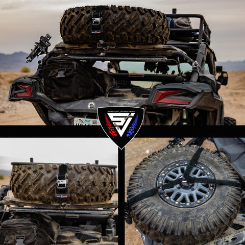 Heavy Duty Spare Tire Y Strap For UTV And Off Road Adventures, 3 Way Ratchet Tie Down on roof with 40 inch tire