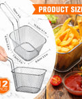 12 Piece Mini Square Fry Basket Set For Home Kitchen Deep Fryer With Handles Chrome Plated Steel and French fries in use