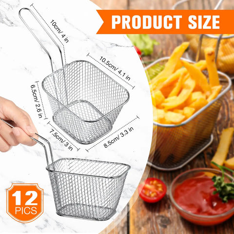 12 Piece Mini Square Fry Basket Set For Home Kitchen Deep Fryer With Handles Chrome Plated Steel and French fries in use