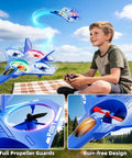 Kid Friendly RC Airplane Drone With One Key Takeoff Landing Headless Mode 360 Degree Flips Auto Hover For Beginners Outdoor Flying Toy Gift For Boys, shown flying with propeller detail.