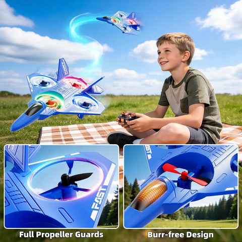 Kid Friendly RC Airplane Drone With One Key Takeoff Landing Headless Mode 360 Degree Flips Auto Hover For Beginners Outdoor Flying Toy Gift For Boys, shown flying with propeller detail.