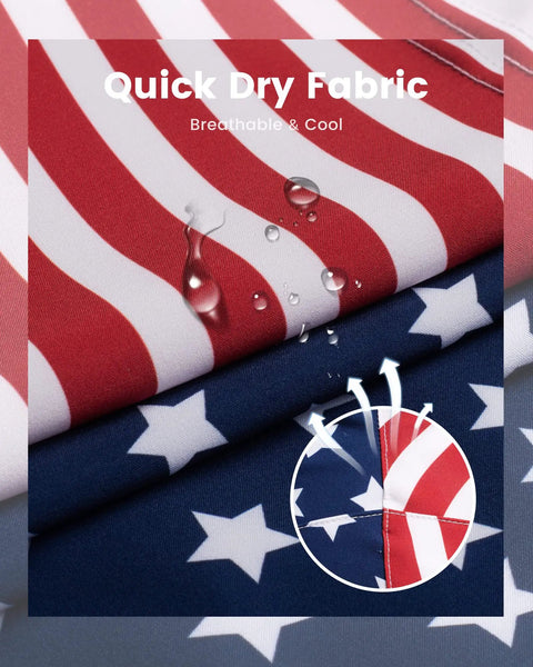 Close-up of 2 In 1 Mens Swim Trunks With Built In Compression Liner For Support 7 Inch Board Shorts American Flag Design fabric
