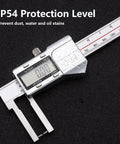 All In One Outside Groove Caliper With High Resolution Readout For Wall Thickness Inside Bores And Recesses Stainless Steel Construction Inch And mm 8 Inch Length High Precision 0.01mm 0.0005in with IP54 protection on textured background.