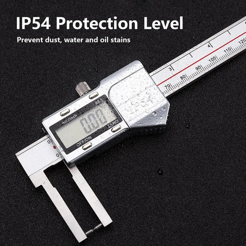 All In One Outside Groove Caliper With High Resolution Readout For Wall Thickness Inside Bores And Recesses Stainless Steel Construction Inch And mm 8 Inch Length High Precision 0.01mm 0.0005in with IP54 protection on textured background.
