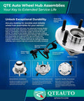 QTE auto wheel hub assemblies promotional flyer with product images and features including precision machined components.