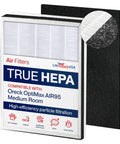 True HEPA Air Purifier Filter Replacement Kit With Odor Carbon Filters For Oreck OptiMax AIR95 packaging with carbon layer detail