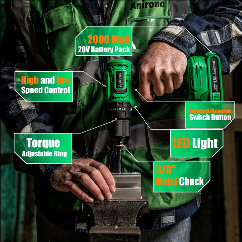 Person using 20V Brushless Cordless Drill Kit With Hammer Mode Beast Power Dual 2Ah Batteries And Charger 450 Inch Pounds Torque