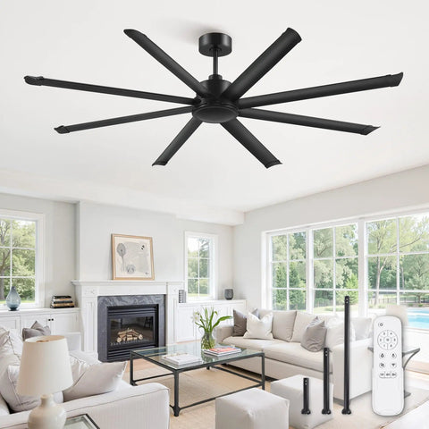 84 Inch Large Ceiling Fan Without Light With 8 Aluminum Blades 6 Speed Remote Quiet DC Motor Industrial Indoor Outdoor Fan Black Finish