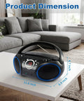 Portable CD Player Boombox With Top-Loading Disc, 20-Track Programmable Memory displayed on table, black with blue rims