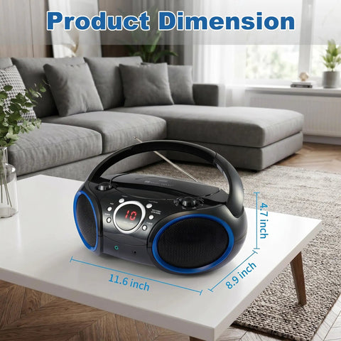 Portable CD Player Boombox With Top-Loading Disc, 20-Track Programmable Memory displayed on table, black with blue rims
